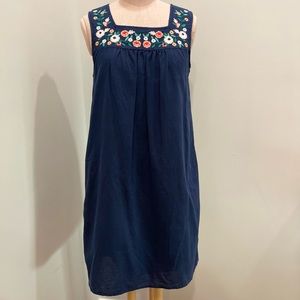 J Crew Navy Blue Square Neck Floral Embroidered Linen Blend Shift Dress
